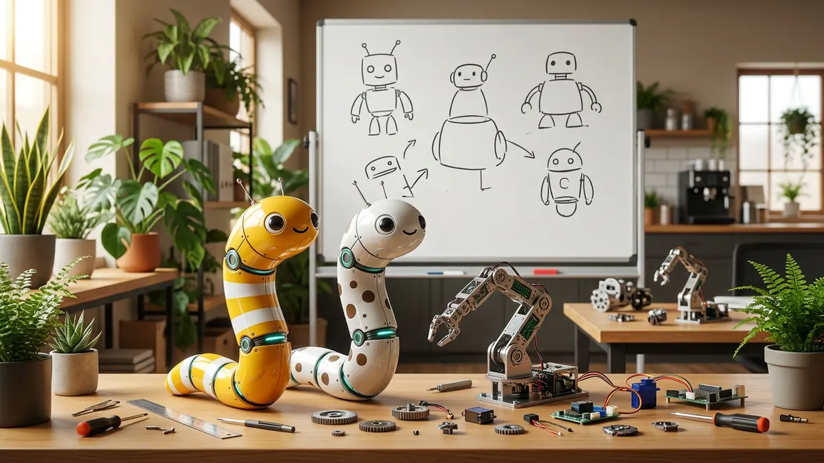 窓辺の作業机で、ロボットの絵を描いたホワイトボードの前に並ぶ、ロボットになったしーまとにょろ吉（イメージ画像・AIで作成）