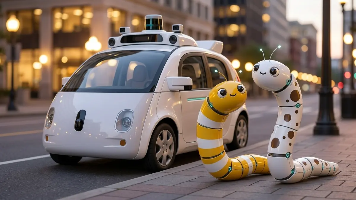 夕方の街角で、自動運転の小型車の横に並ぶ、ロボットになったしーまとにょろ吉(イメージ画像・AIで作成)